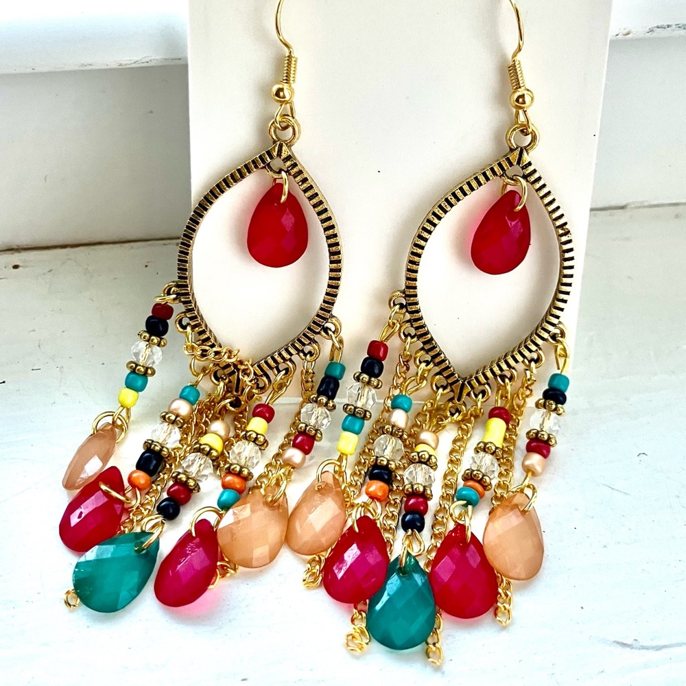 Jubilee Dangle Earrings Chandeliers Gold toned multi color glass w/ wires!